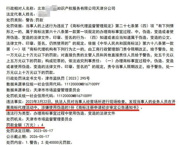 开云体育 Kaiyun.com 官网入口代理公司伪造商标初审公告通知书罚款4万元
